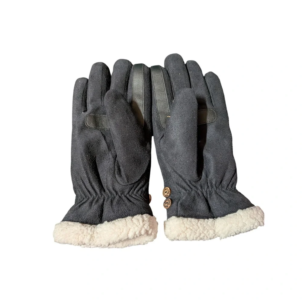 Womens Black Faux Suede Winter Gloves Faux Shearling Trim Button Detail Cozy